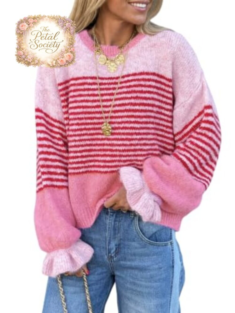 Striped Knit Pullover Sweater Ruffle Sleeve Crew Neck Loose Fit Layer